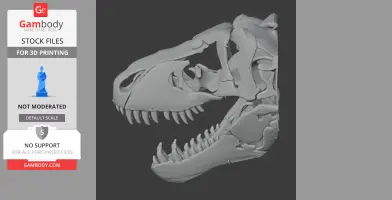 Detailed 3D model of a dinosaur skull, side view, with sharp teeth, for 3D printing.