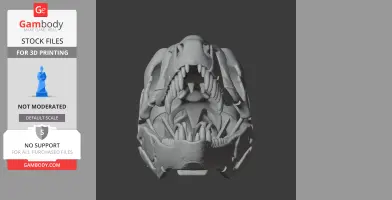 3D model of a detailed dinosaur skull, viewed from the front, designed for 3D printing.