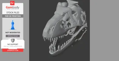 3D model of a detailed dinosaur skull, likely a theropod, with sharp teeth and open mouth.