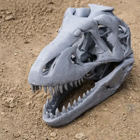 3D printed Therosaurus skull replica with detailed teeth and bone structure on a sandy surface.