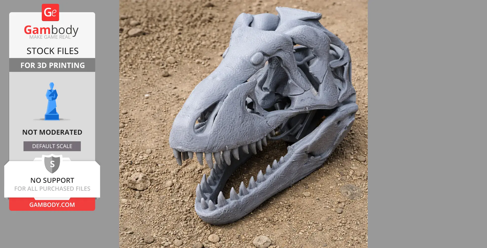 3D-printed dinosaur skull replica on a sandy surface.