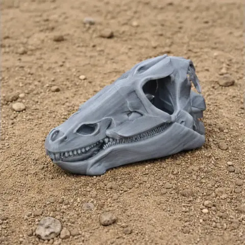 3D-printed Thescelosaurus skull replica resting on textured sand.