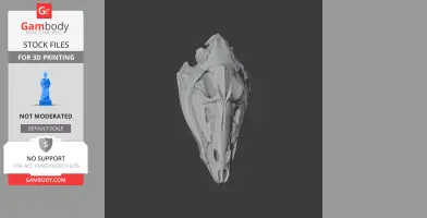 3D model of a Thescelosaurus skull for 3D printing, displayed in a vertical orientation.