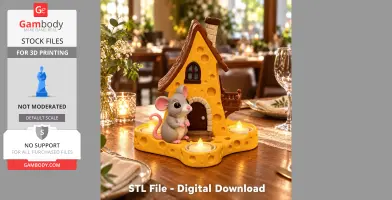 A whimsical cheese-shaped house candle holder with a cute mouse figure, set on a dining table.