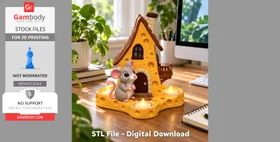 Whimsical cheese-shaped house with mouse and candle holders, ready for 3D printing.