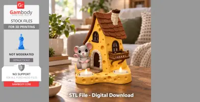 Whimsical cheese house with a mouse figurine and LED candle holders, designed for 3D printing.