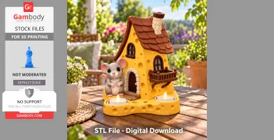 A whimsical cheese house candle holder with a cute mouse figure and LED candles, set outdoors.