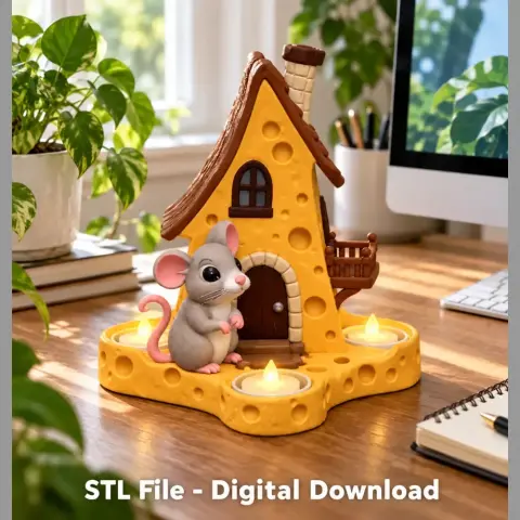 Cheese-shaped house candle holder with mouse figurine, designed for 3D printing.
