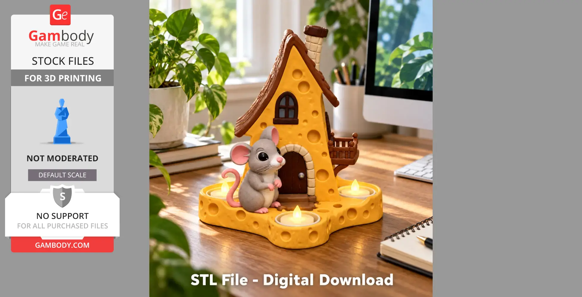 Whimsical cheese-shaped house with mouse and candle holders, ready for 3D printing.