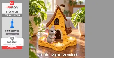 Whimsical cheese house candle holder with a cute mouse and LED candles on a wooden table.