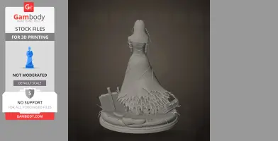 Female figure in a flowing dress on a decorative base with geometric and organic elements.