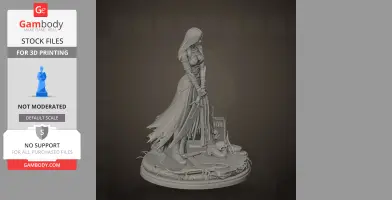 Mysterious cloaked figure with a sword, standing on a detailed base with skulls and debris.