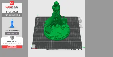 A detailed 3D model of a cloaked figure holding a sword, standing on a decorated base with skulls and objects.