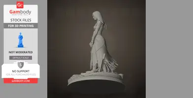 A detailed female character figure in a long, tattered dress, standing on a decorative base.