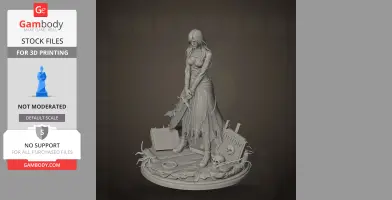 A detailed 3D figure of a woman with long hair, holding a sword, standing on a decorated base with books and a skull.