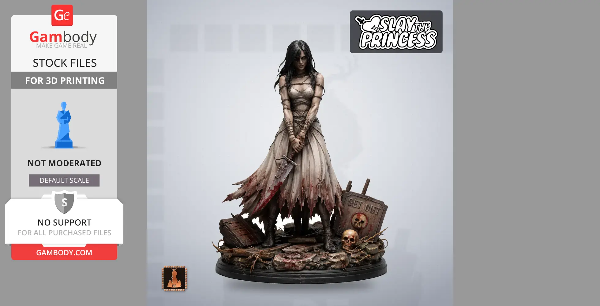 A mysterious figure in a tattered dress holding a worn sword, surrounded by skulls and rubble.