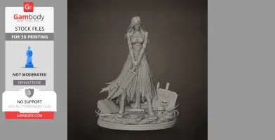 A detailed female figure in a tattered dress holding a sword, surrounded by books and a skull on a round base.