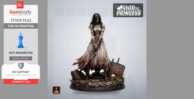 A mysterious figure in a tattered dress holding a worn sword, surrounded by skulls and rubble.