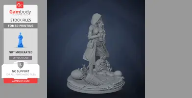 A hooded character figure holding a scroll, standing on a detailed base with various objects.