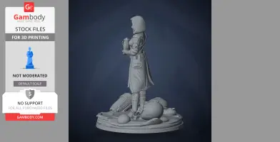 A hooded character figure holding an object, standing on a detailed base with scattered supplies.