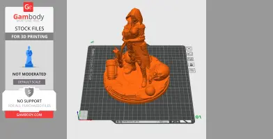 Hooded figure standing on a circular base with assorted objects, designed for 3D printing.