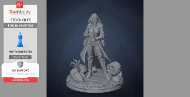 A hooded character figure in detailed attire holding an object, standing on a base with scattered items.