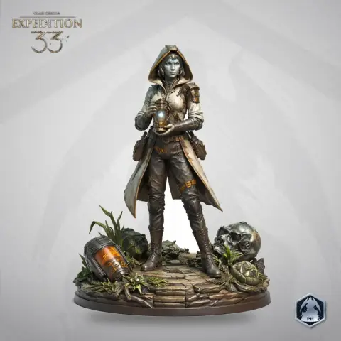 A hooded figure holds a glowing orb, surrounded by foliage and skulls on a detailed base.