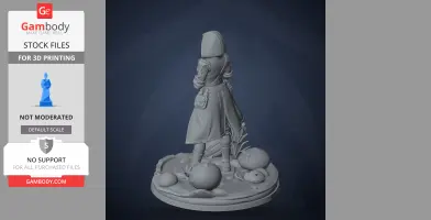 A hooded character figure in a long coat, standing on a detailed circular base with plants and objects.