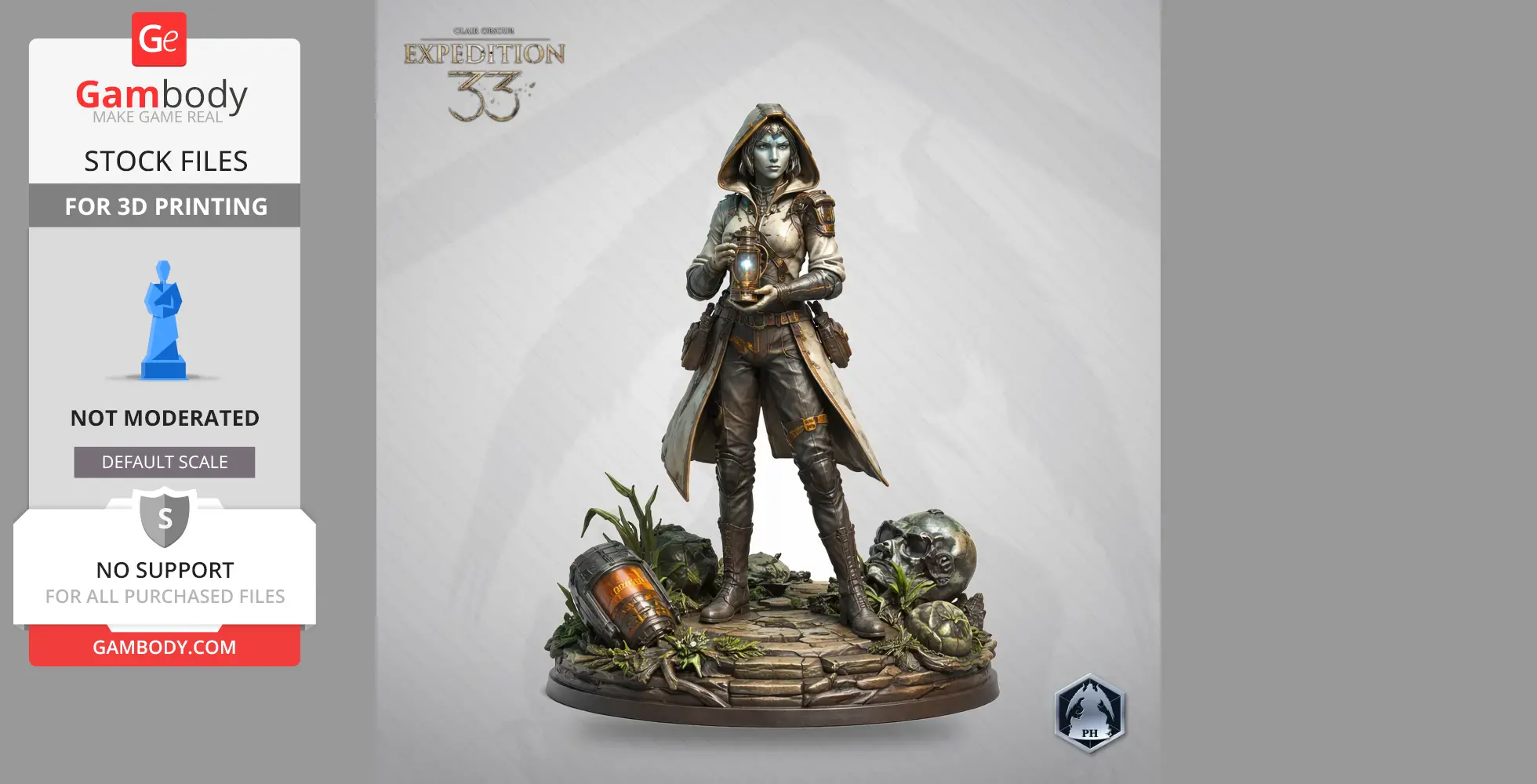A hooded character figure holding a lantern, standing on a detailed base with plants and a skull.