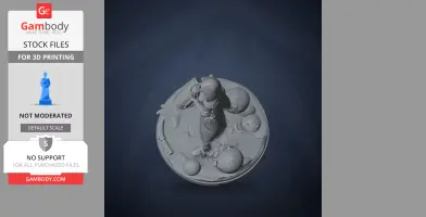 A detailed 3D model of a character in a cloak holding a lantern on a round base with various shapes.
