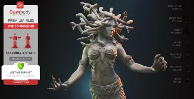 A detailed Medusa Gorgon 3D model with snake hair and intricate armor, ready for 3D printing.