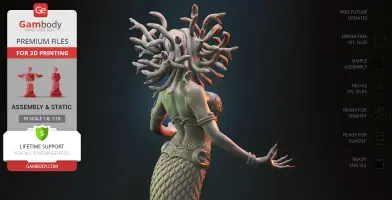 A 3D model of Medusa with snake hair, detailed scales, and an elegant pose, designed for 3D printing.
