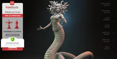 A 3D model of Medusa with a serpent tail and snake hair, posed dynamically on a diorama base.