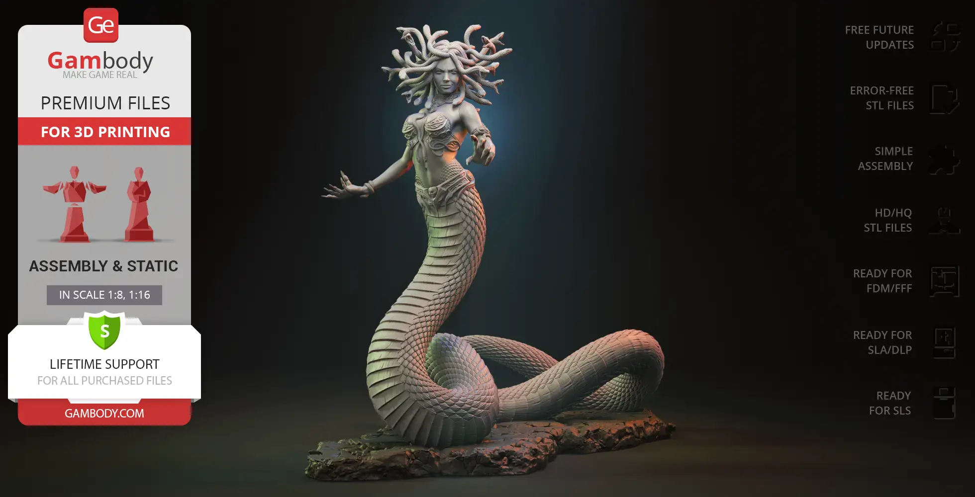A detailed 3D model of Medusa with a snake body and hair, standing on a rocky base.