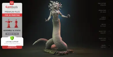 A detailed 3D Medusa figure with a snake tail and hair, posed on a textured diorama base.