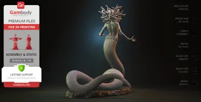 A 3D model of Medusa with a serpentine body, detailed scales, and snake hair, posed on a rocky base.