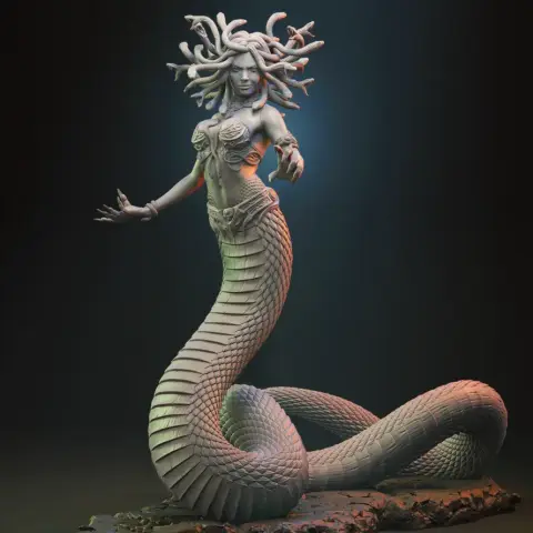 A detailed 3D model of Medusa with snake hair and a coiled serpent tail on a rocky base.