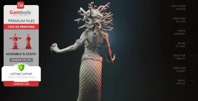 Serpentine-haired Medusa 3D model, posed dynamically on a textured diorama base.