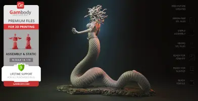 A detailed 3D Medusa Gorgon model with snake hair and a serpent lower body, posed on a rocky base.