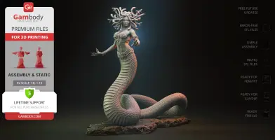 A detailed 3D model of Medusa with a snake body and hair, standing on a rocky base.
