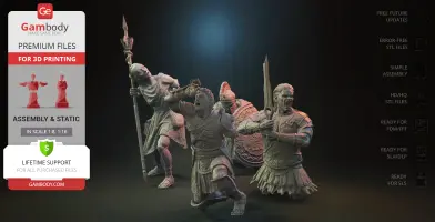 Three detailed 3D models of Greek warriors in dynamic battle poses, ready for 3D printing.
