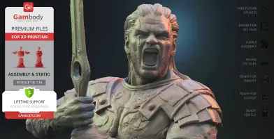 A roaring Greek warrior in armor holding a spear, designed for 3D printing by Gambody.