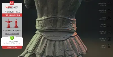 Detailed sculpt of Greek warrior armor, featuring intricate patterns and pleated skirt design.