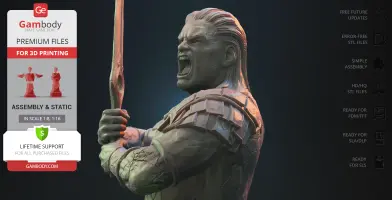 A detailed 3D model of a Greek warrior holding a sword, with Gambody branding on the left.