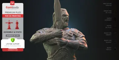 A fierce Greek warrior holds a sword, wearing detailed armor, depicted for 3D printing.