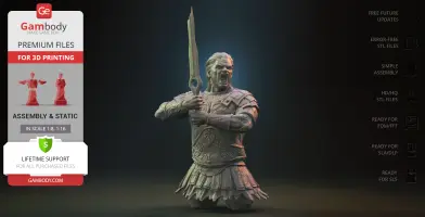 3D model of a Greek warrior in armor, holding a sword and shouting, with assembly instructions on the side.