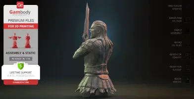 A 3D model of an armored Greek warrior holding a large sword, ready for 3D printing.