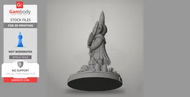 3D model of a robed character with a horned headpiece, standing on a base with skulls and objects.