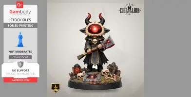 Character figure with red eyes, horns, and an axe, standing on a base with skulls and lantern.