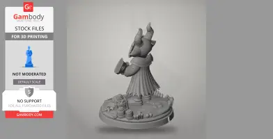 Hooded figure with horns, holding a book, stands on a detailed base with objects around. 3D print model.